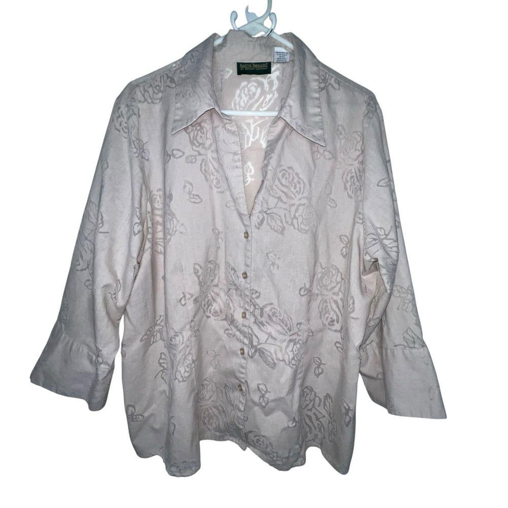 Harve Bernard Linen Blend Shirt Women 2X Taupe Sheer Floral Button Up 3/4 Sleeve